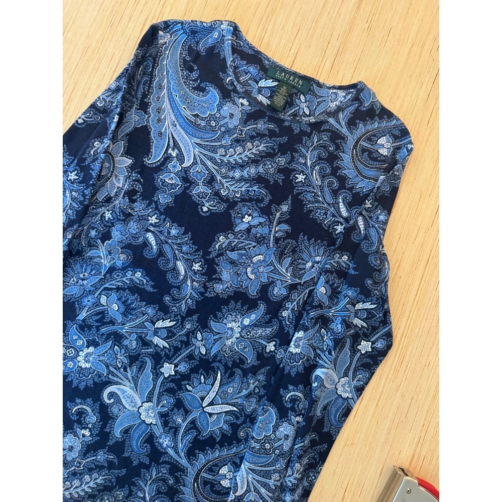 Lauren Ralph Lauren Blue Paisley Floral Cotton Long Sleeve Top Navy Womens M‎ 24